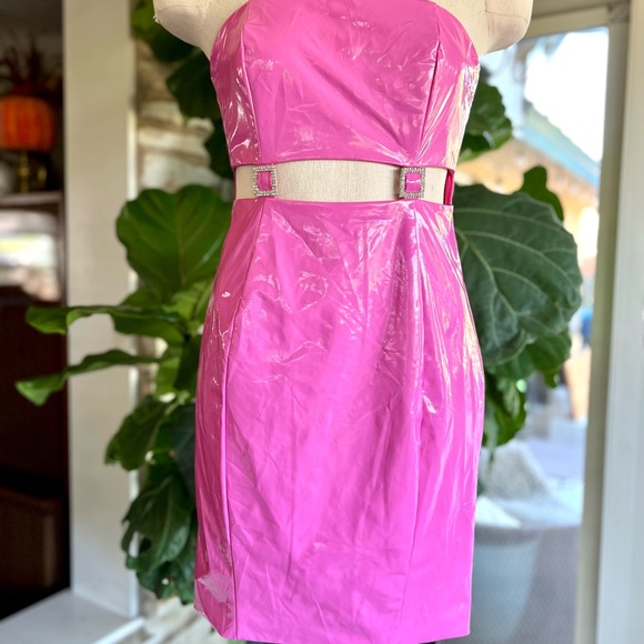 NWT Meshki Pink Jennifer Cut Out Mini Latex Dress Barbiecore Medium - Picture 3 of 13